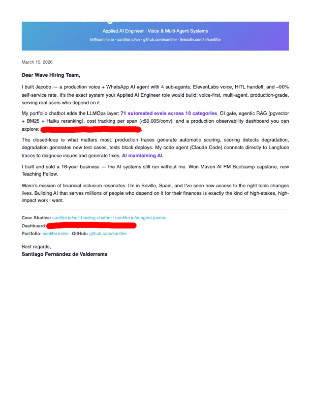 Cover letter for Wave: gradient header, multi-agent and automation proof points, links to this portfolio and dashboard