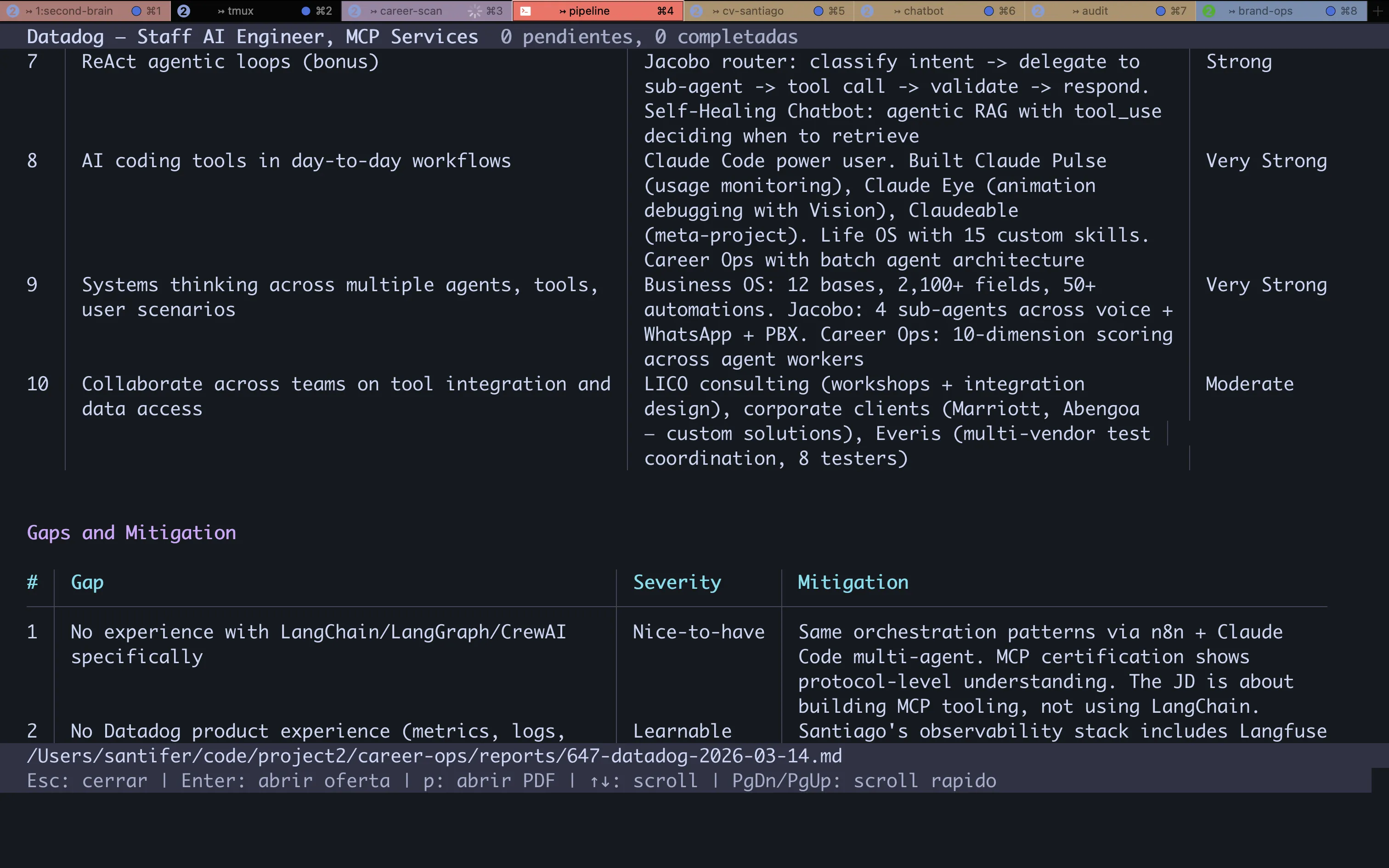 CV Match (cont.) + Gaps and Mitigation: requirements 7-10 and gap analysis with severity and mitigation plan
